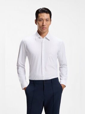 Hugo Boss White Micro-Dot Long-Sleeve Dress Shirt